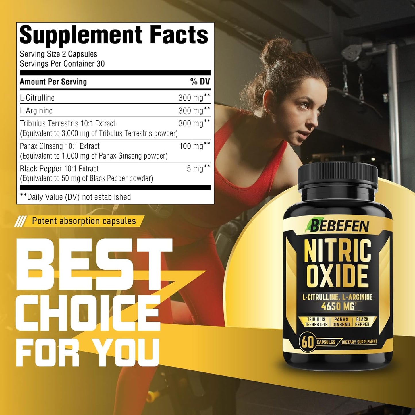 Nitric Oxide Supplements 4650mg - High Formula with L-Arginine, L-Citrulline, Tribulus, Ginseng, Black Pepper - 60 Capsules