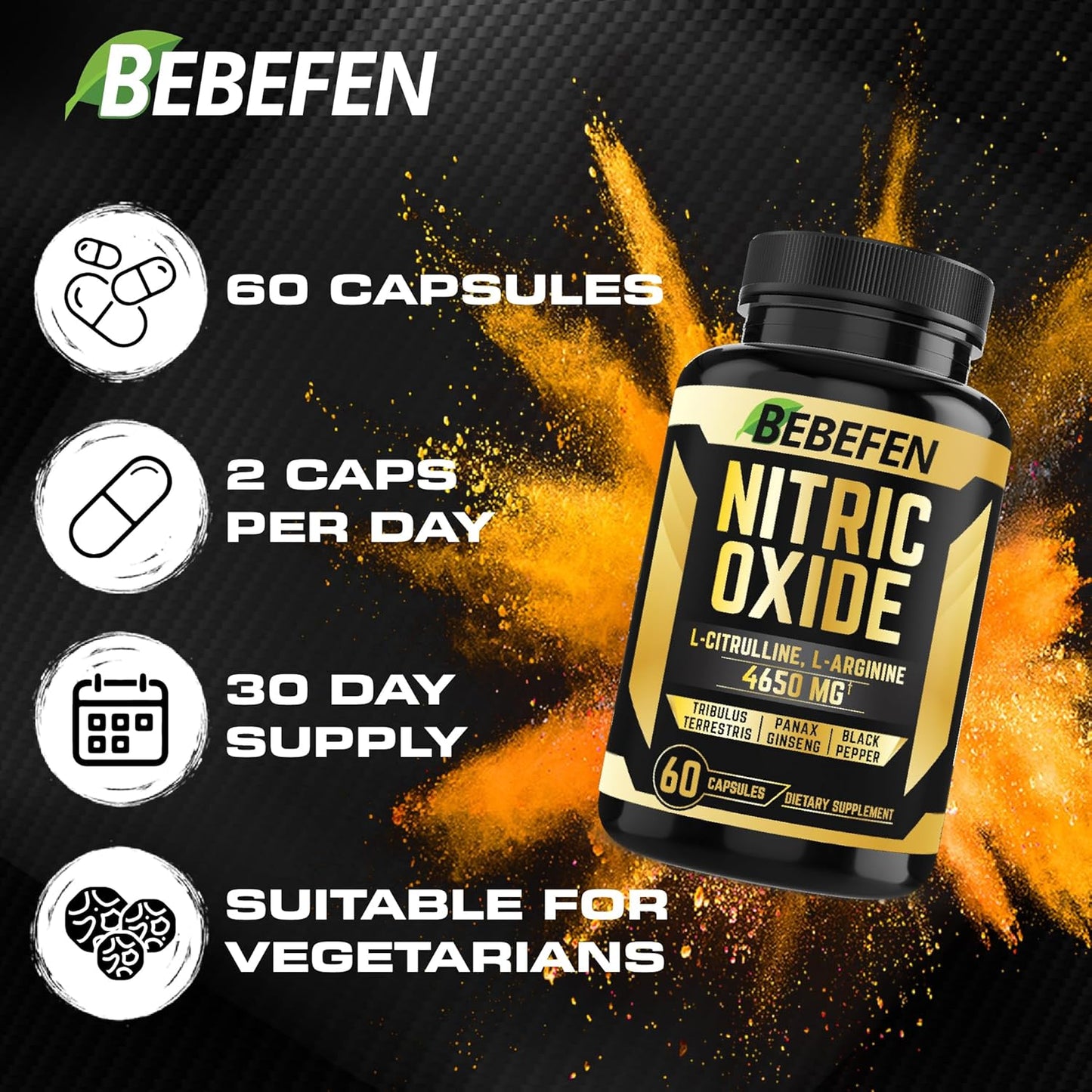 Nitric Oxide Supplements 4650mg - High Formula with L-Arginine, L-Citrulline, Tribulus, Ginseng, Black Pepper - 60 Capsules
