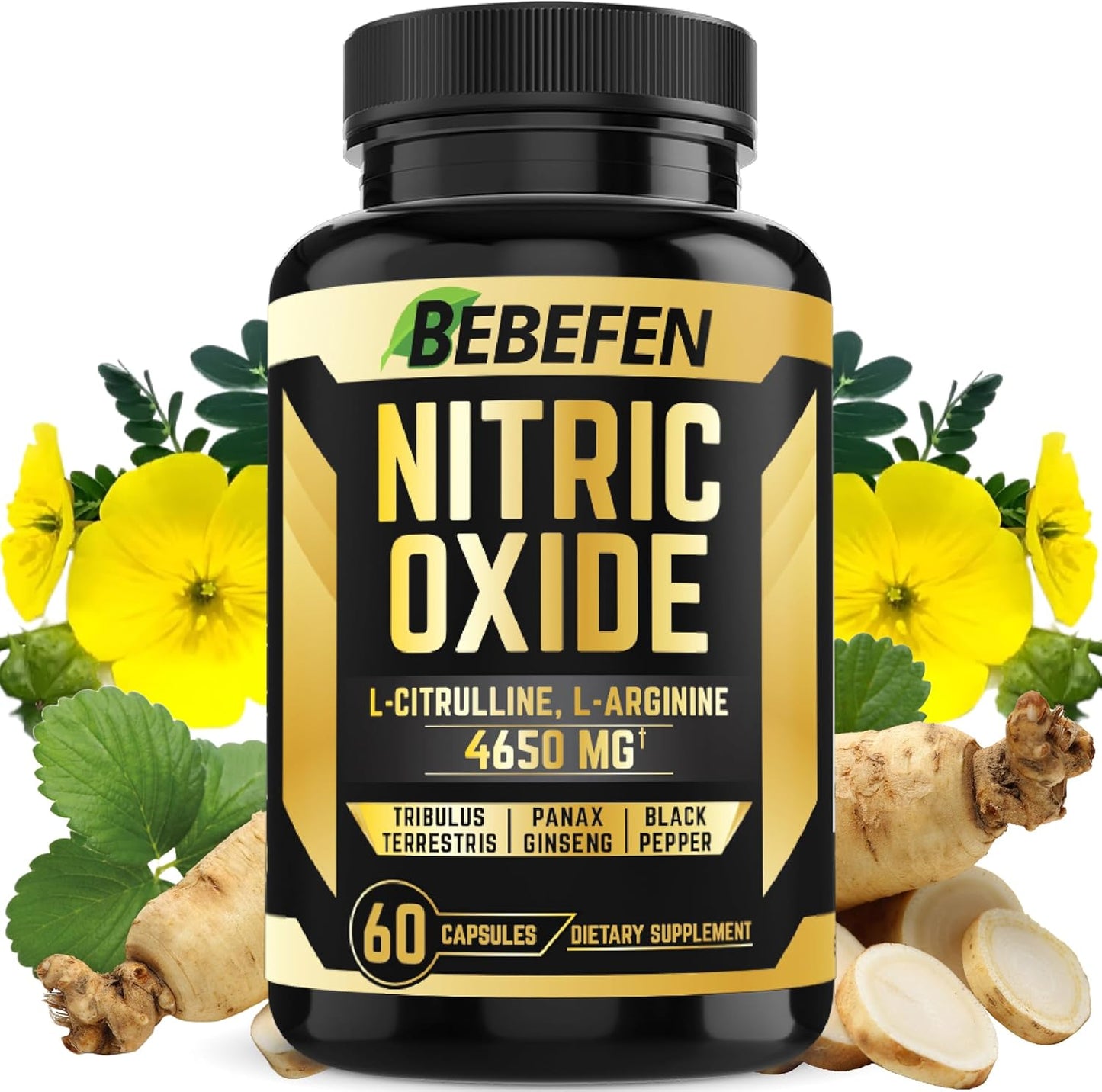 Nitric Oxide Supplements 4650mg - High Formula with L-Arginine, L-Citrulline, Tribulus, Ginseng, Black Pepper - 60 Capsules