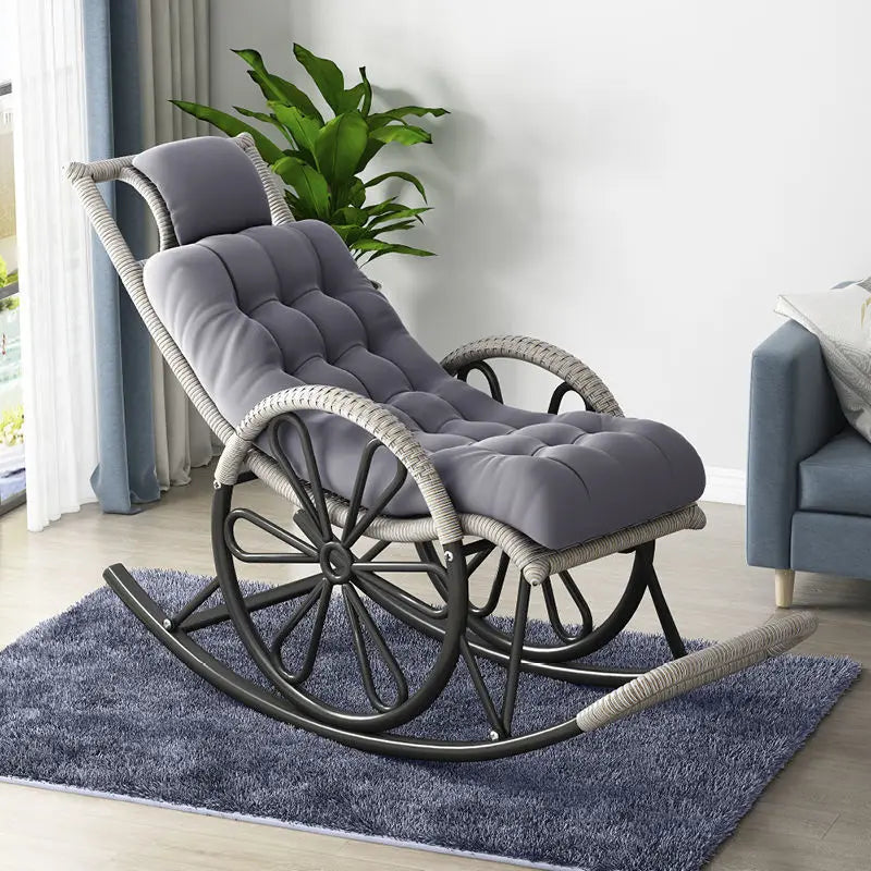 Outdoor PE Rattan Rocking Chair with Cushion and Floor Mat Ergonomic Wicker Recliner Lounge Chair for Patio Balcony Living Room