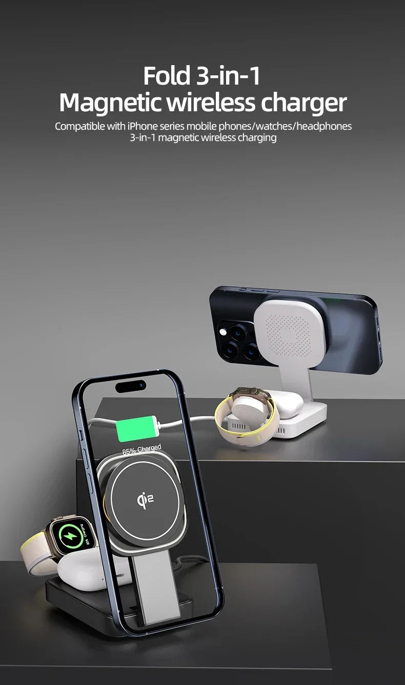 3 In 1 Magnetic Wireless Charger QI2 Folding Wireless Charging Station for Magsafe iPhone 16 15 14 13 iWatch 9 8 7 AirPods Pro