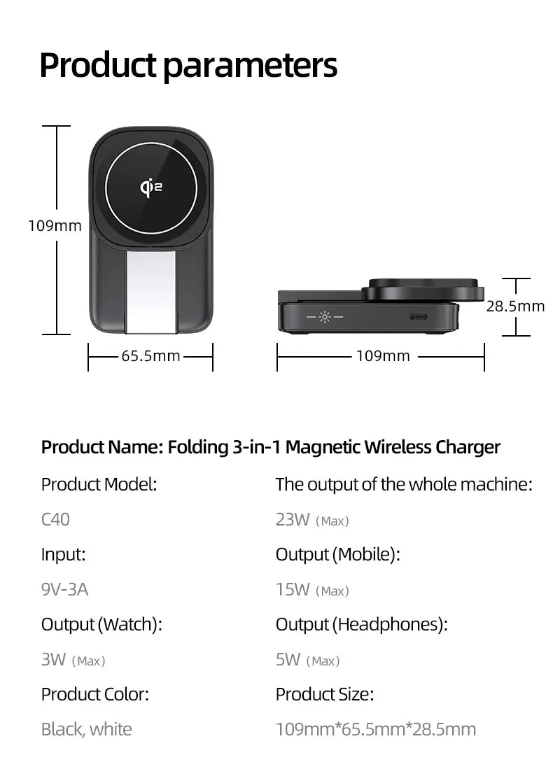 3 In 1 Magnetic Wireless Charger QI2 Folding Wireless Charging Station for Magsafe iPhone 16 15 14 13 iWatch 9 8 7 AirPods Pro