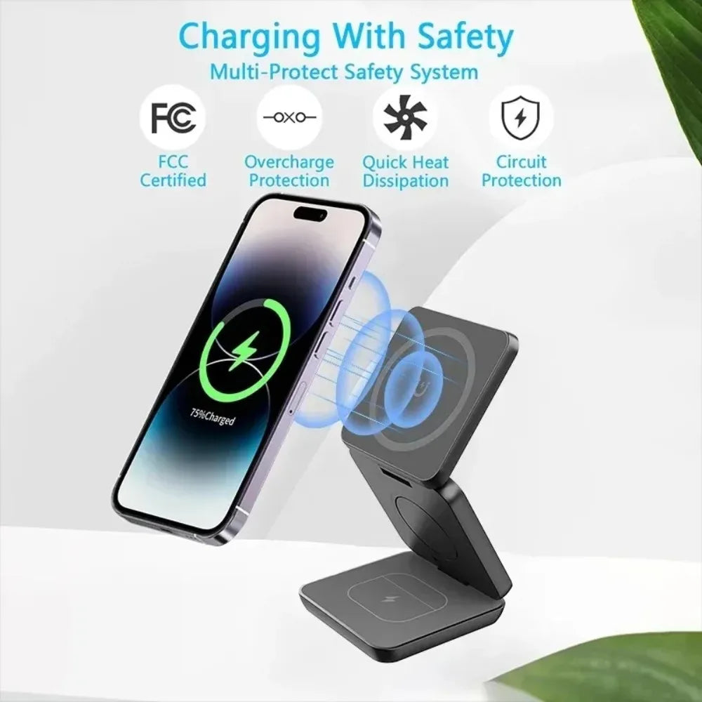 100W Foldable Magnetic Station 3 in 1 Fast Wireless Charger Stand For Magsafe iPhone 16 15 14 13 12 Pro Max iWatch 8 7 6 Airpods