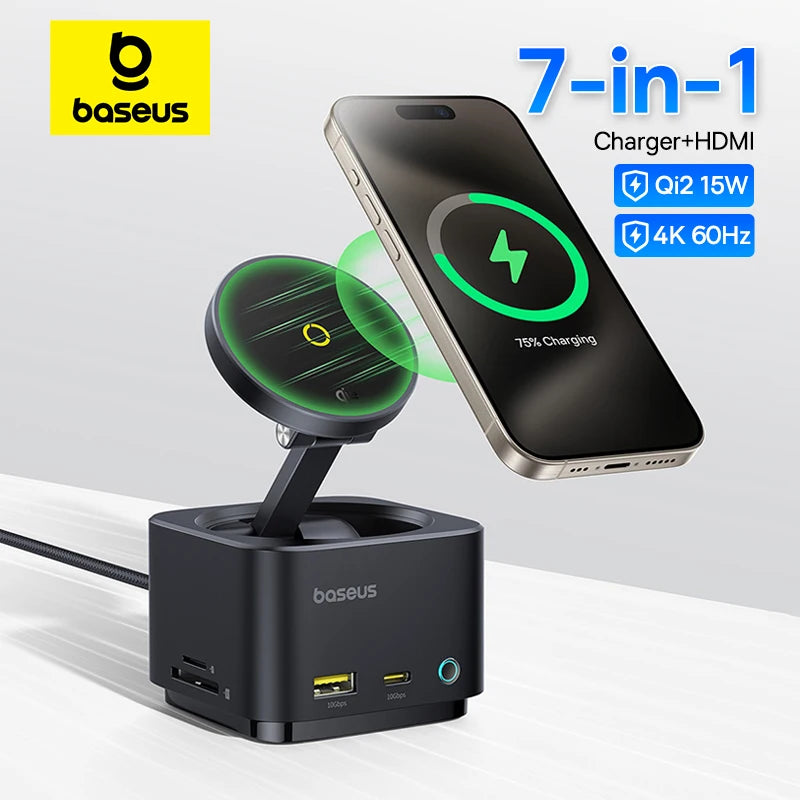 Baseus Magnetic Wireless Charger Qi2 15W for iPhone 17 Air 16 Pro Max MagSafe Fast PD HUB HDMI 4K60Hz USB3.2 SD TF Phone Charger