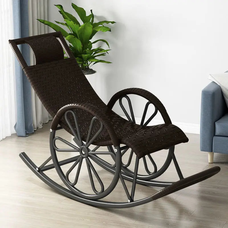 Outdoor PE Rattan Rocking Chair with Cushion and Floor Mat Ergonomic Wicker Recliner Lounge Chair for Patio Balcony Living Room