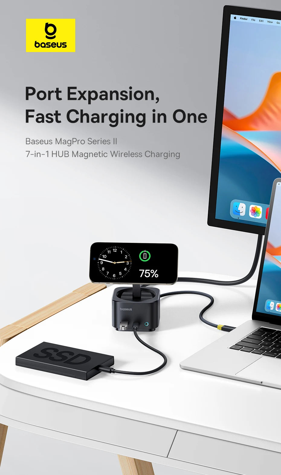 Baseus Magnetic Wireless Charger Qi2 15W for iPhone 17 Air 16 Pro Max MagSafe Fast PD HUB HDMI 4K60Hz USB3.2 SD TF Phone Charger