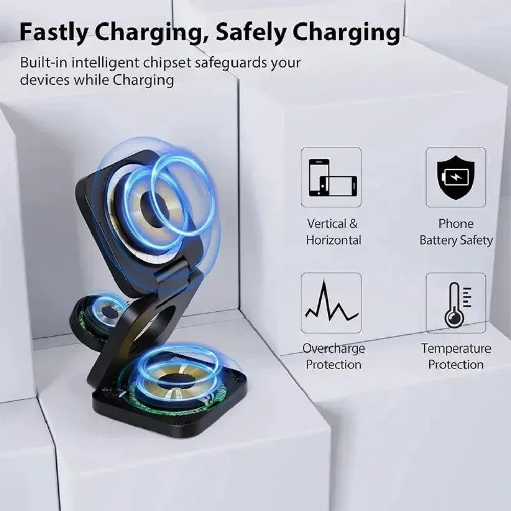 100W Foldable Magnetic Station 3 in 1 Fast Wireless Charger Stand For Magsafe iPhone 16 15 14 13 12 Pro Max iWatch 8 7 6 Airpods