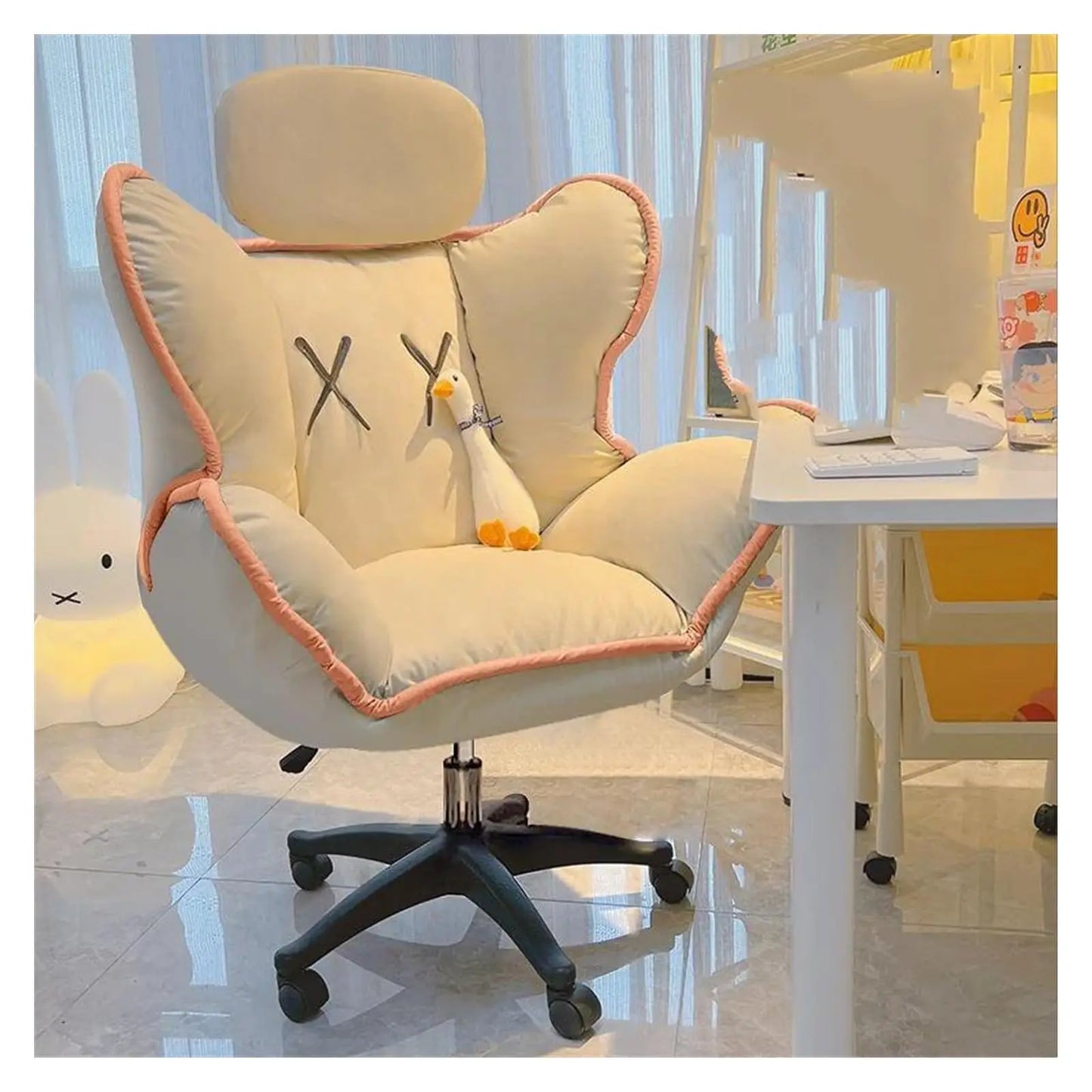 Bedroom Teen Girl Tech Fabric Computer Chair Thickened Reclining Swivel with Headrest and Footrest for Bedroom/Office/Hosting