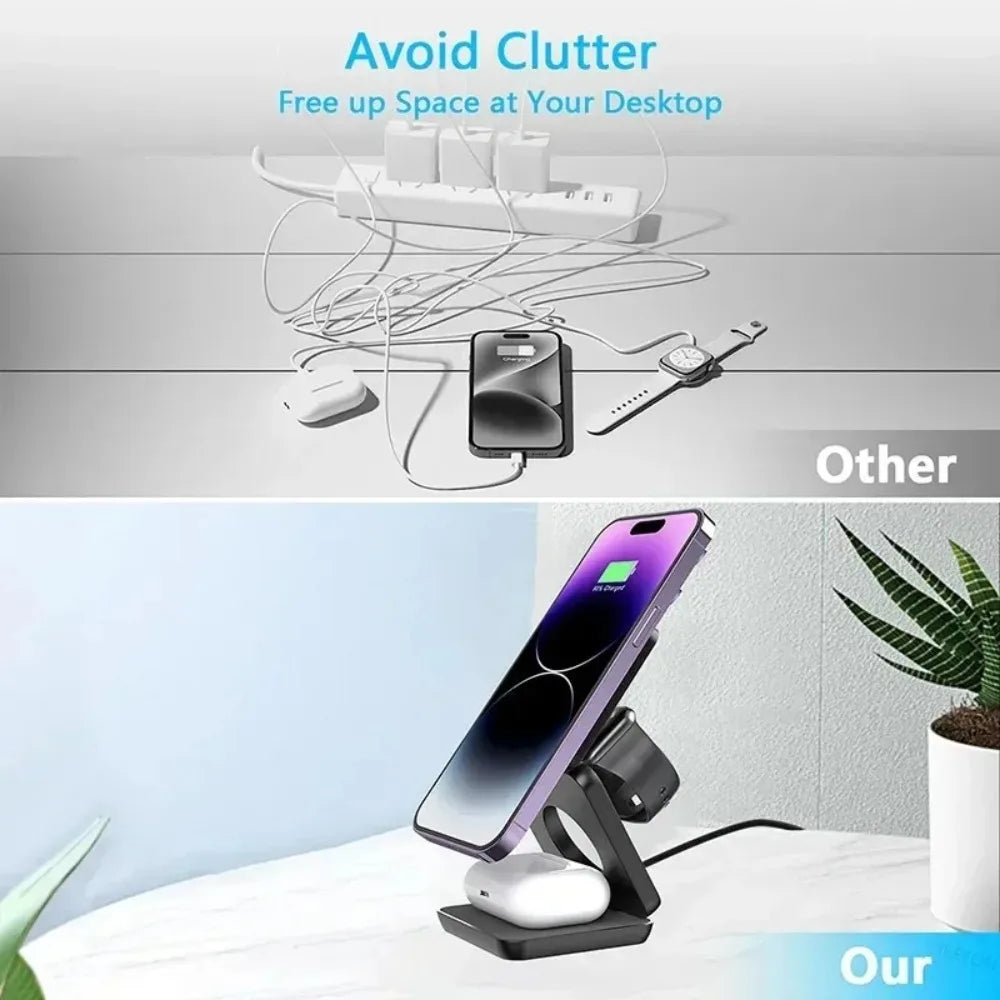 100W Foldable Magnetic Station 3 in 1 Fast Wireless Charger Stand For Magsafe iPhone 16 15 14 13 12 Pro Max iWatch 8 7 6 Airpods
