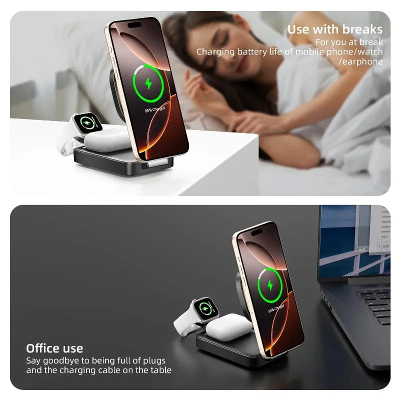 3 In 1 Magnetic Wireless Charger QI2 Folding Wireless Charging Station for Magsafe iPhone 16 15 14 13 iWatch 9 8 7 AirPods Pro