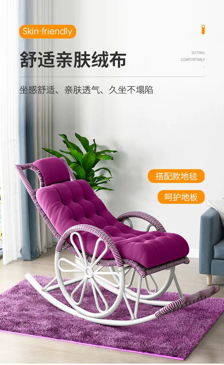 Outdoor PE Rattan Rocking Chair with Cushion and Floor Mat Ergonomic Wicker Recliner Lounge Chair for Patio Balcony Living Room