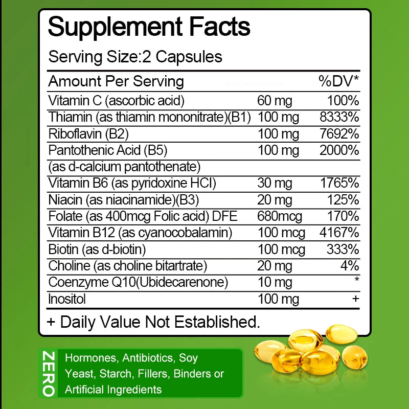 B-Complex Vitamin Supplements (B12 B1 B2 B3 B5 B6 B9 Folic Acid &Biotin) for Relieve Stress, Mood, Immune System Support Capsule