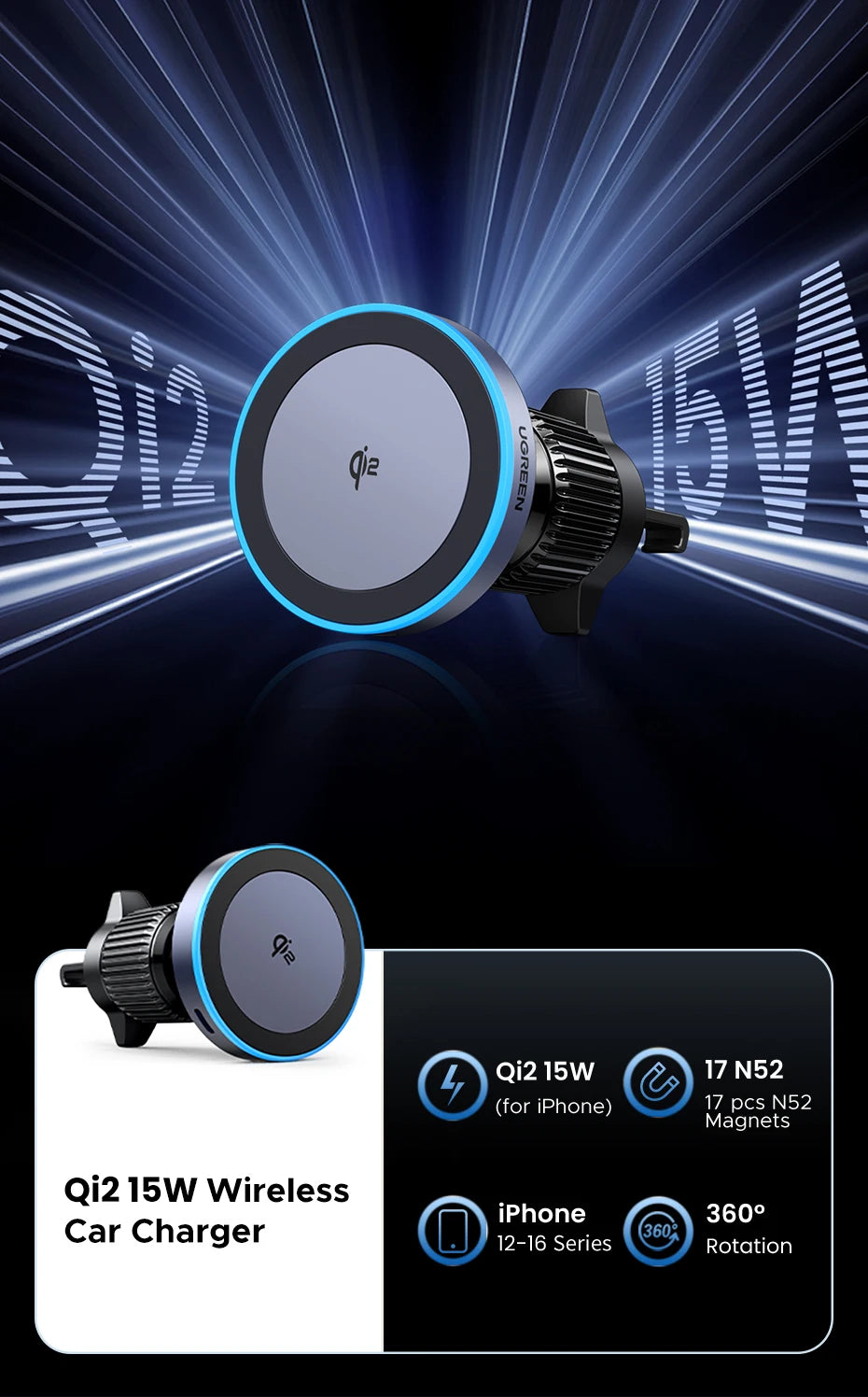 UGREEN Qi2 15W Magnetic Car Phone Holder Wireless Charger For iPhone 16 17 Pro Max Charging for Magsafe Car Charger LED Light