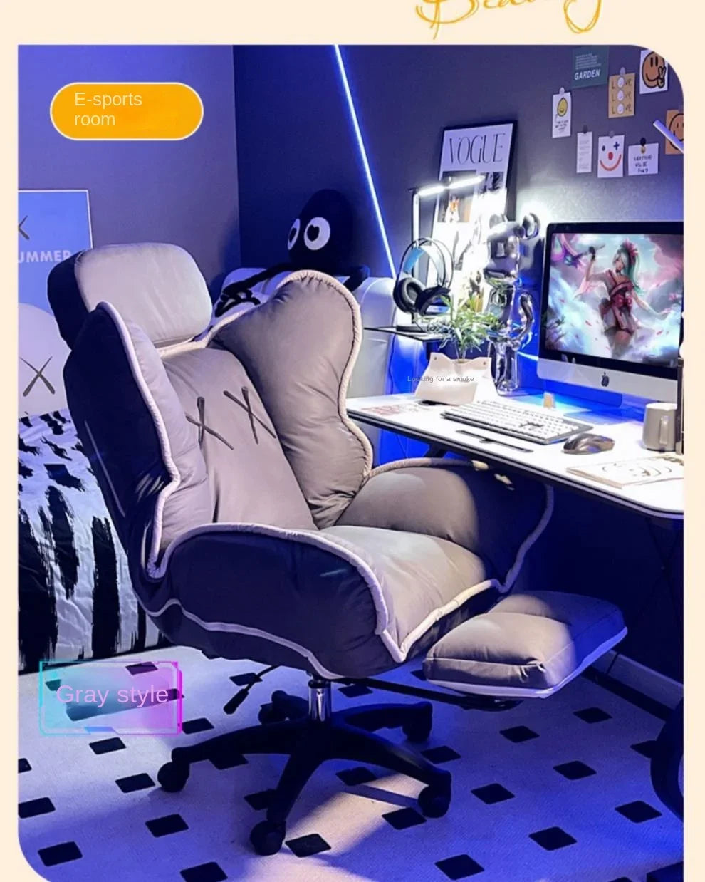 Bedroom Teen Girl Tech Fabric Computer Chair Thickened Reclining Swivel with Headrest and Footrest for Bedroom/Office/Hosting