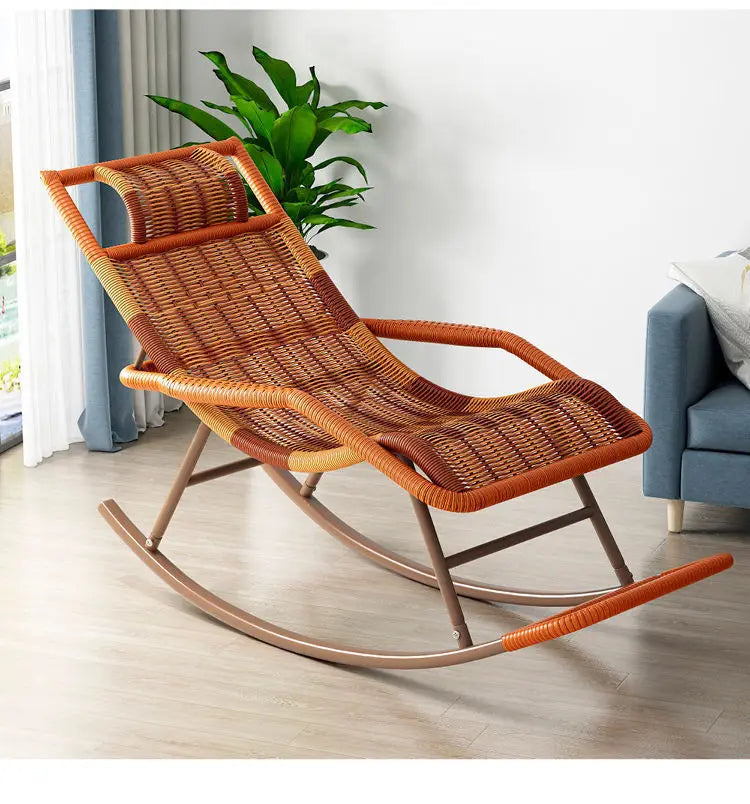 Outdoor PE Rattan Rocking Chair with Cushion and Floor Mat Ergonomic Wicker Recliner Lounge Chair for Patio Balcony Living Room
