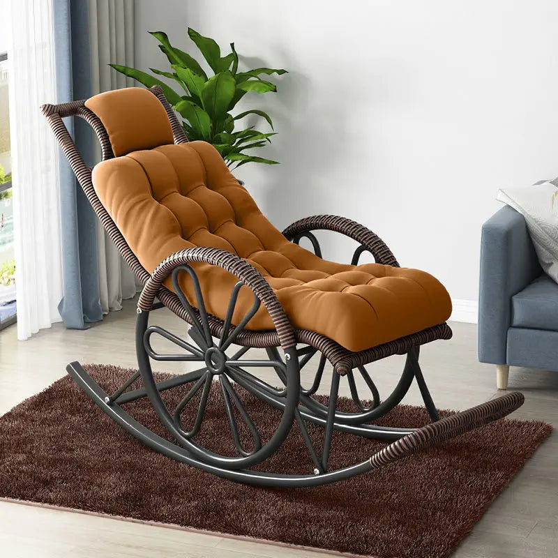 Outdoor PE Rattan Rocking Chair with Cushion and Floor Mat Ergonomic Wicker Recliner Lounge Chair for Patio Balcony Living Room