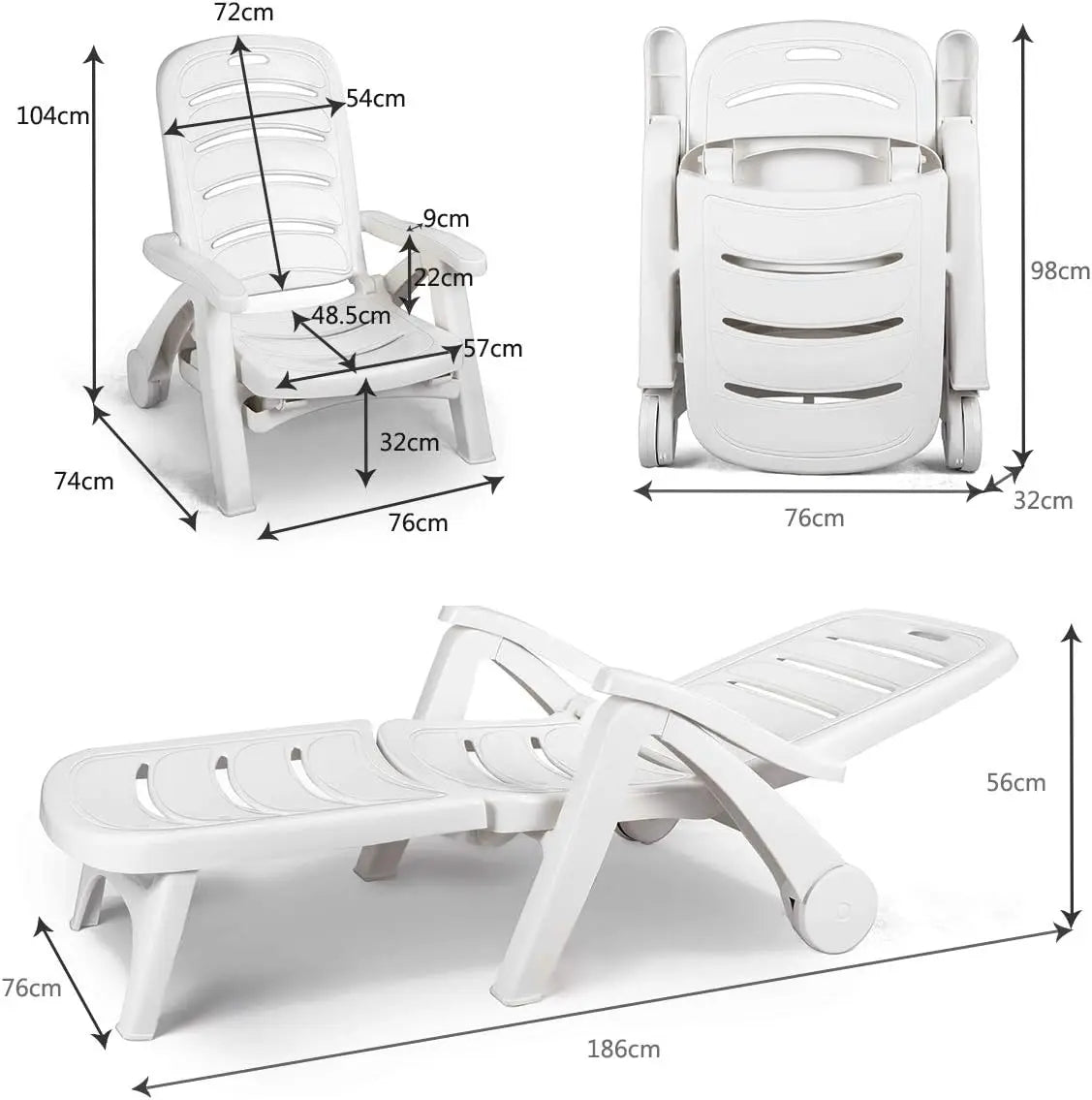 Folding Camping Lounge Chair, Portable Rolling Recliner, 5 Adjustable Positions, White