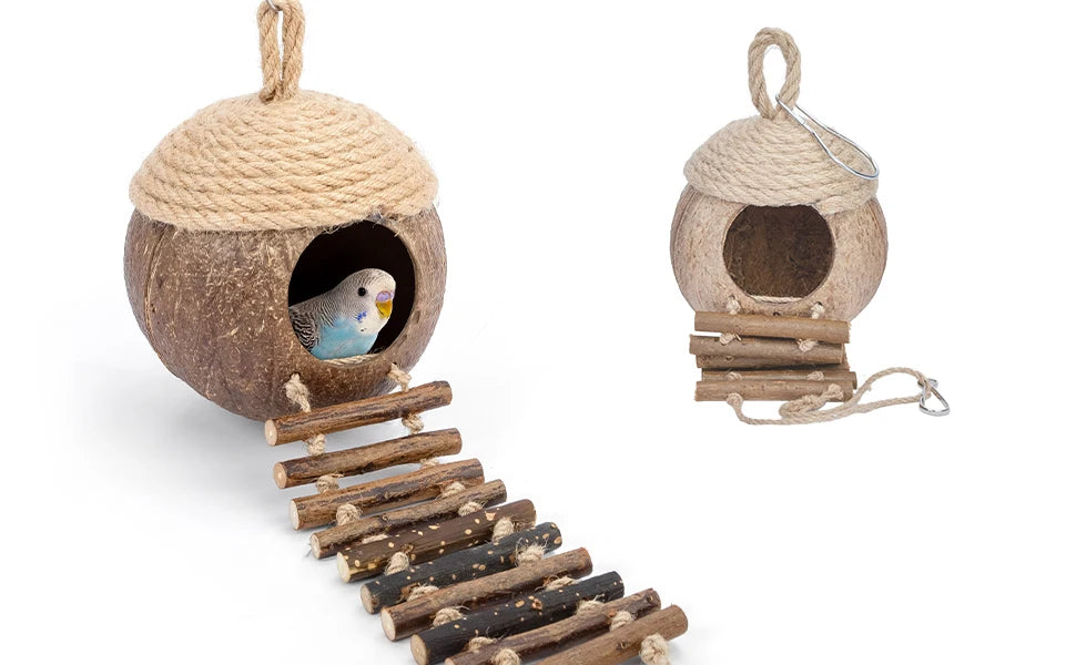 Coconut Birdhouse Hut With Ladder Hemp Rope Roof Natural Material Firm Stable Small Animal Cage Habitat Decoration Pet Supplies