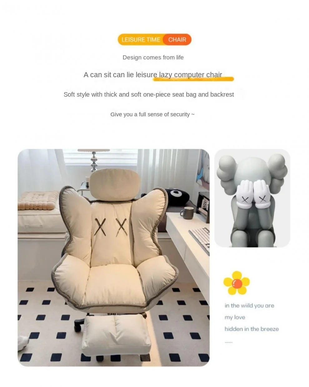 Bedroom Teen Girl Tech Fabric Computer Chair Thickened Reclining Swivel with Headrest and Footrest for Bedroom/Office/Hosting