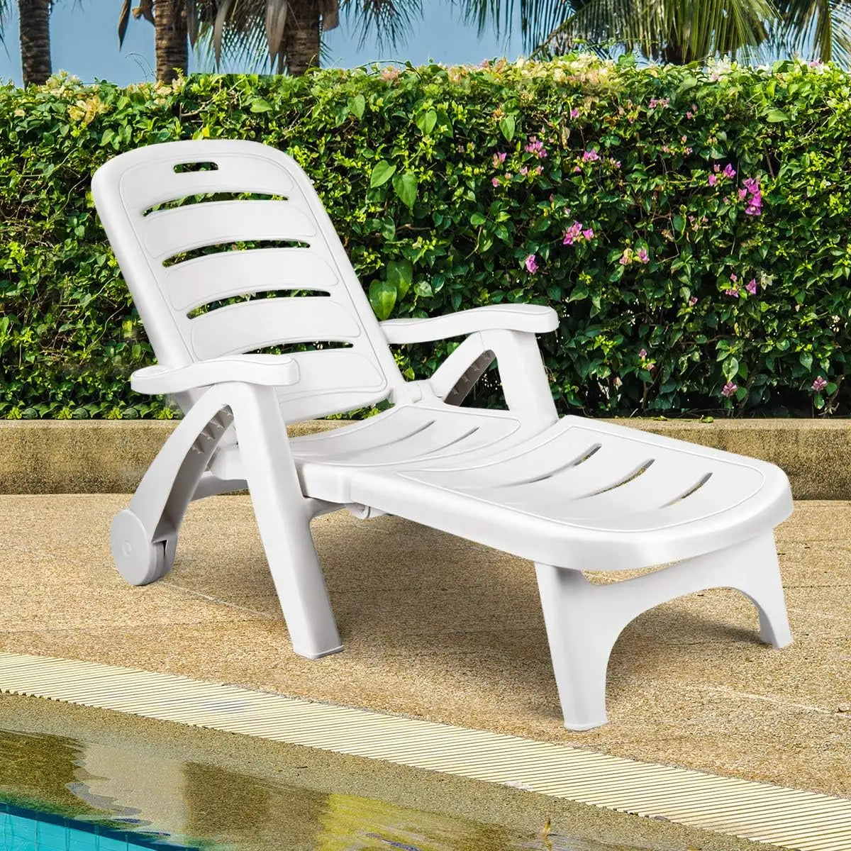 Folding Camping Lounge Chair, Portable Rolling Recliner, 5 Adjustable Positions, White