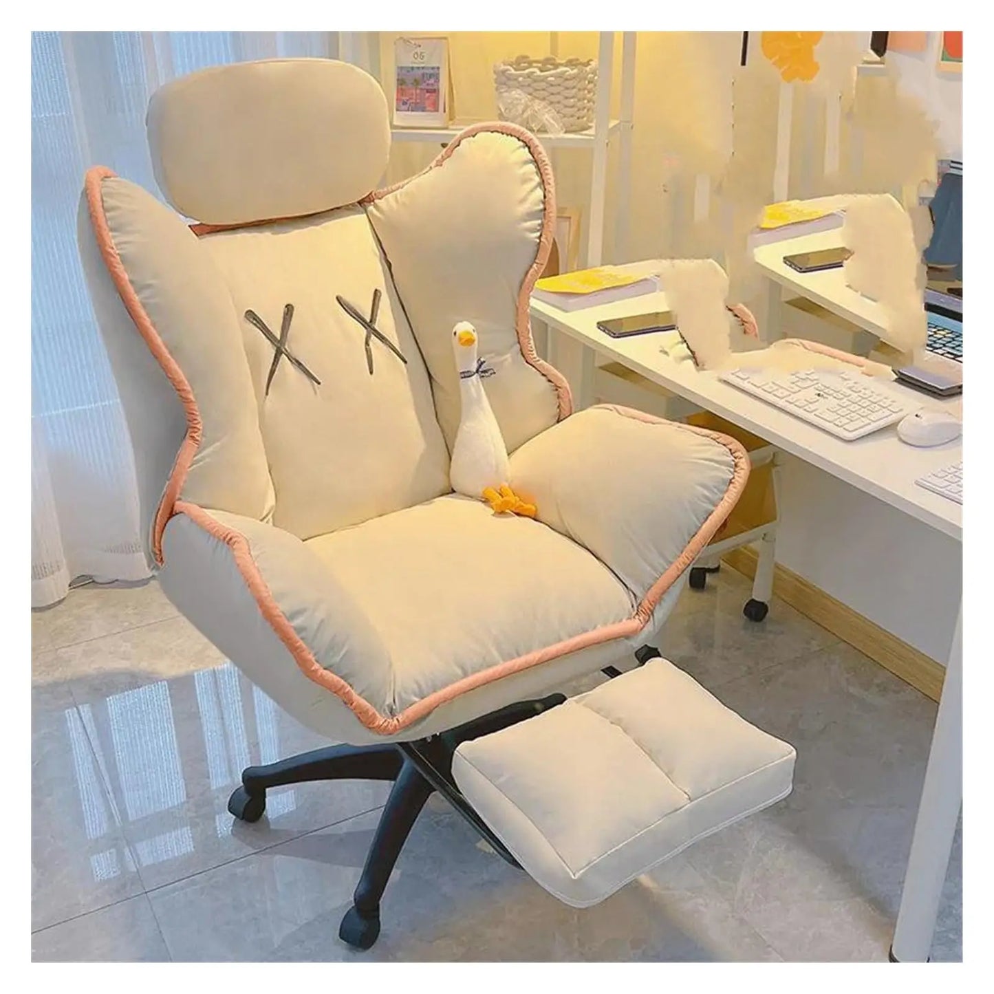 Bedroom Teen Girl Tech Fabric Computer Chair Thickened Reclining Swivel with Headrest and Footrest for Bedroom/Office/Hosting