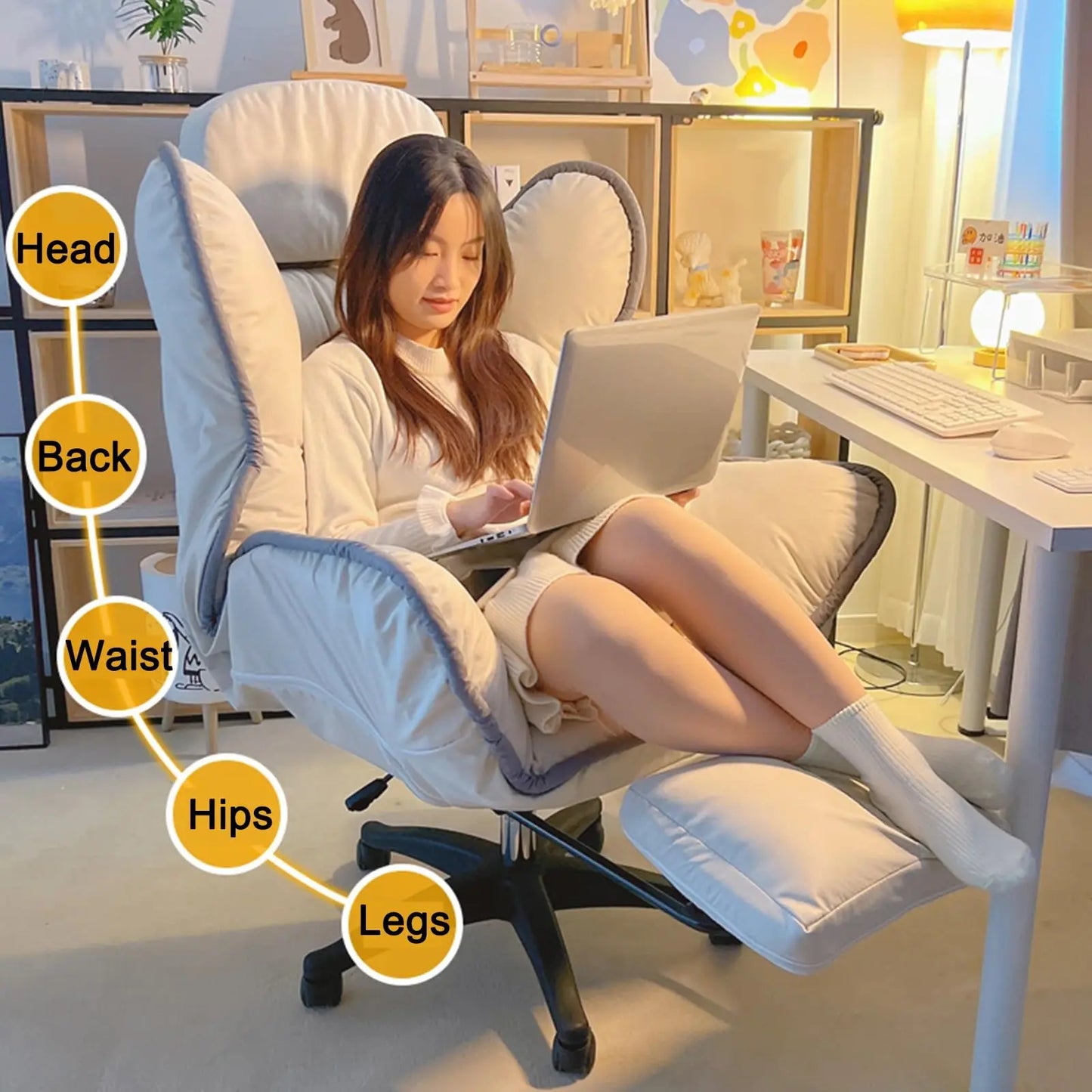 Bedroom Teen Girl Tech Fabric Computer Chair Thickened Reclining Swivel with Headrest and Footrest for Bedroom/Office/Hosting
