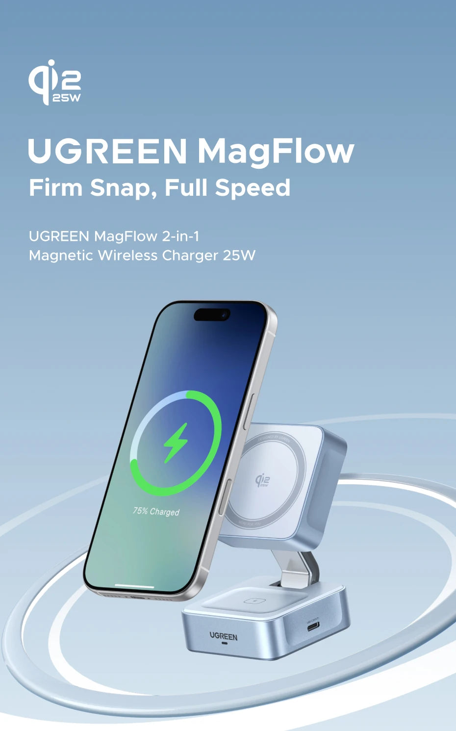 UGREEN Upgraded Qi2 25W Magnetic 2-in-1 Wireless Charger Stand Fast Charging Stand Magsafe Charger For iPhone 16 17/AirPods