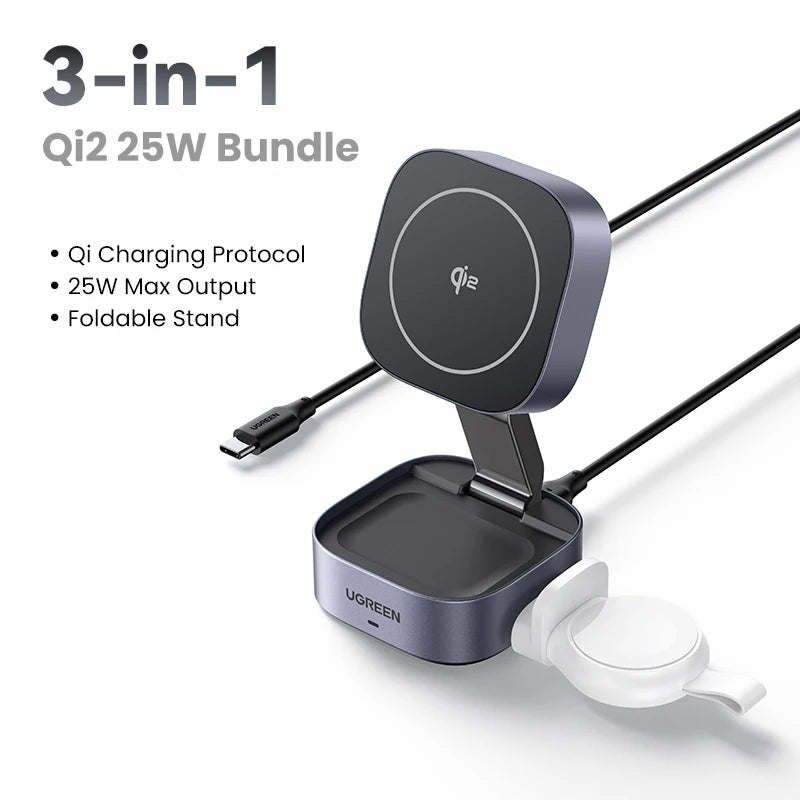 UGREEN Upgraded Qi2 25W Magnetic 2-in-1 Wireless Charger Stand Fast Charging Stand Magsafe Charger For iPhone 16 17/AirPods