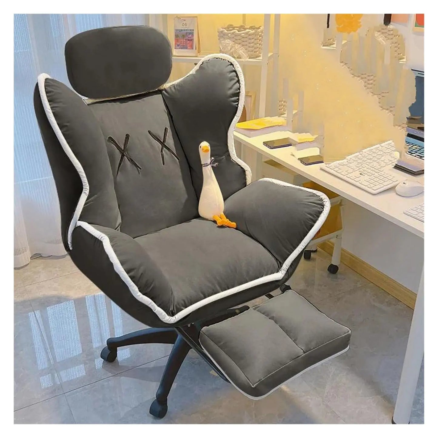 Bedroom Teen Girl Tech Fabric Computer Chair Thickened Reclining Swivel with Headrest and Footrest for Bedroom/Office/Hosting
