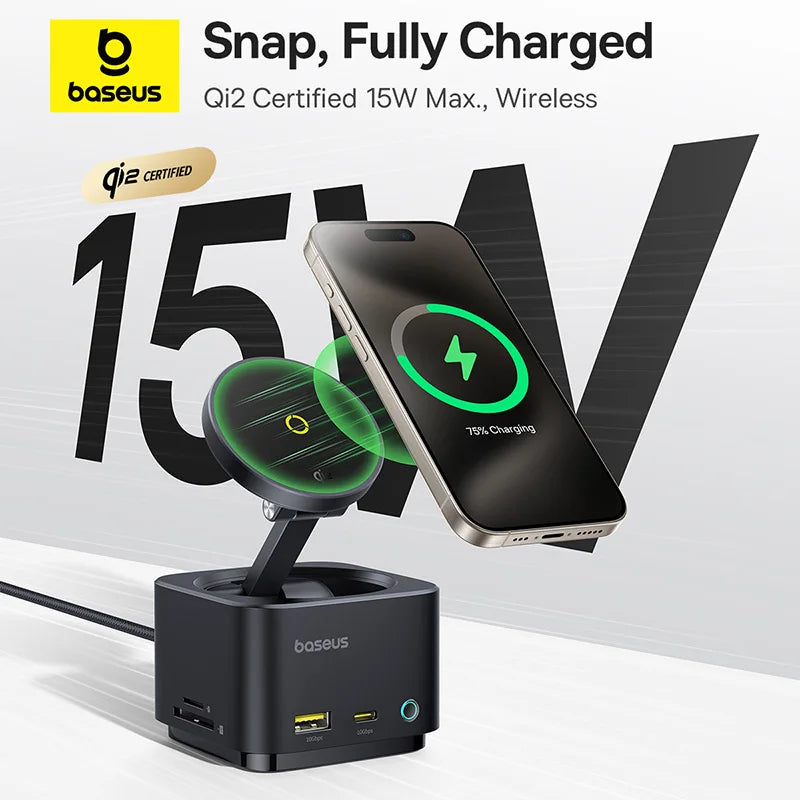 Baseus Magnetic Wireless Charger Qi2 15W for iPhone 17 Air 16 Pro Max MagSafe Fast PD HUB HDMI 4K60Hz USB3.2 SD TF Phone Charger
