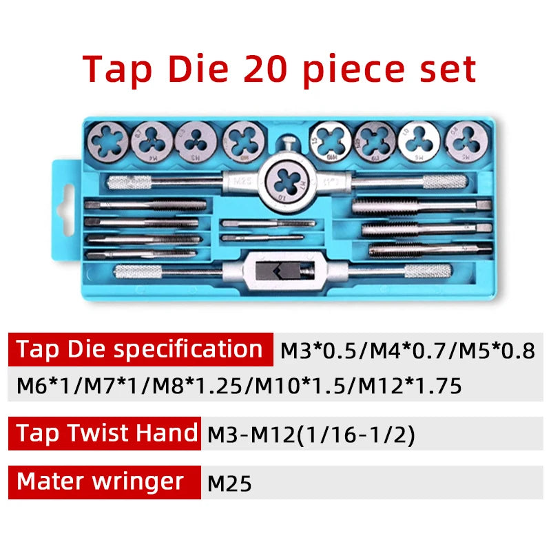 Multi-specification 8/12/20Pcs multifunction Metric Hand Tap and Die Set M3-M12 Screw Thread Plugs Straight Taper Reamer Tools