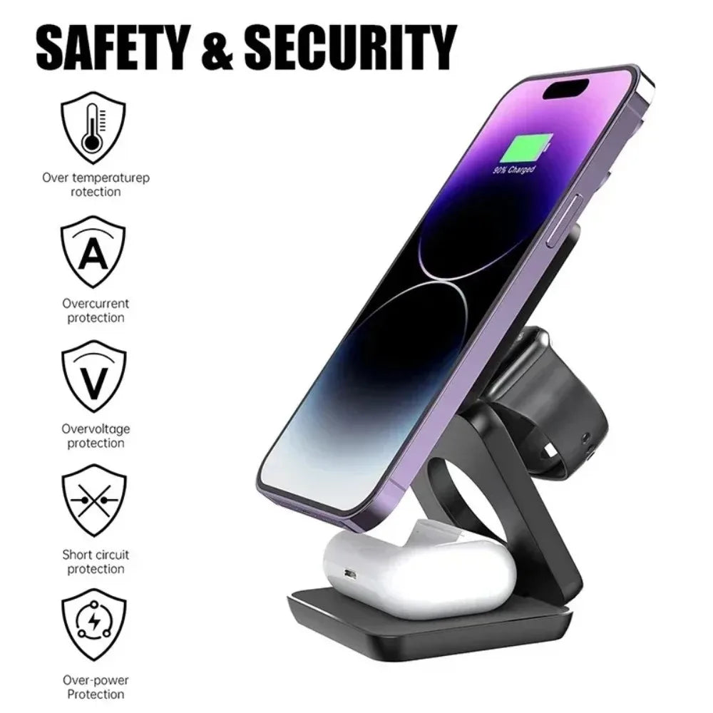 100W Foldable Magnetic Station 3 in 1 Fast Wireless Charger Stand For Magsafe iPhone 16 15 14 13 12 Pro Max iWatch 8 7 6 Airpods