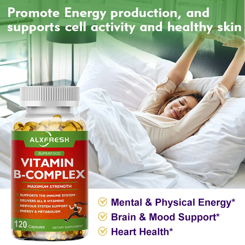B-Complex Vitamin Supplements (B12 B1 B2 B3 B5 B6 B9 Folic Acid &Biotin) for Relieve Stress, Mood, Immune System Support Capsule