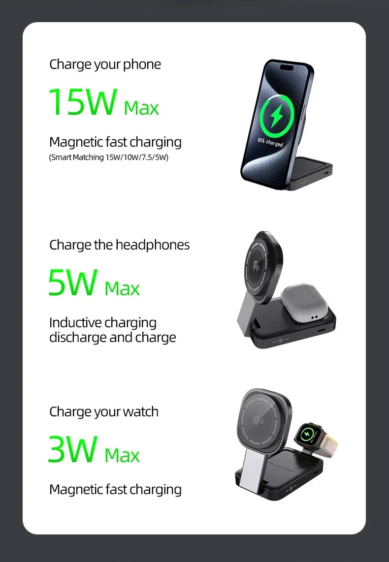 3 In 1 Magnetic Wireless Charger QI2 Folding Wireless Charging Station for Magsafe iPhone 16 15 14 13 iWatch 9 8 7 AirPods Pro