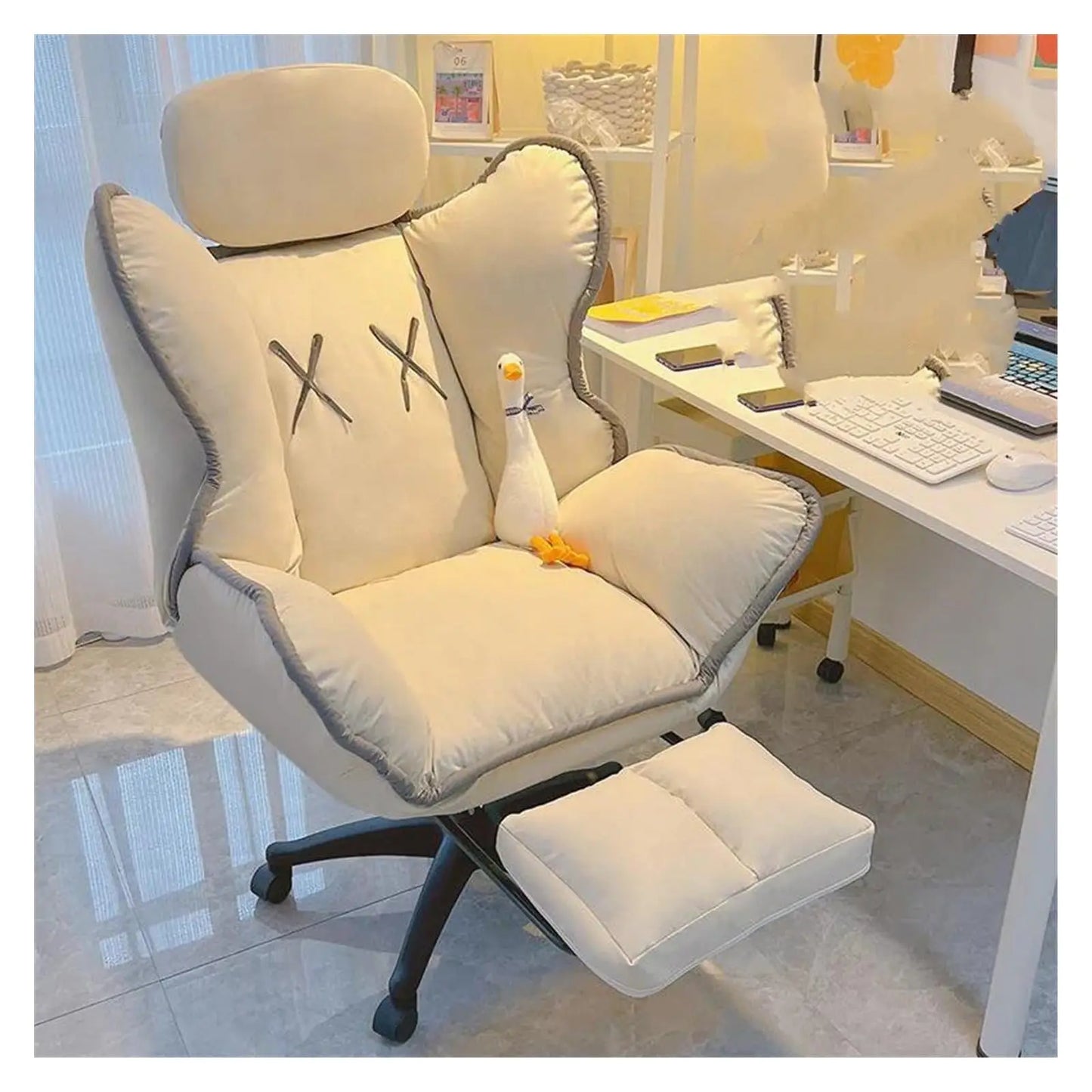 Bedroom Teen Girl Tech Fabric Computer Chair Thickened Reclining Swivel with Headrest and Footrest for Bedroom/Office/Hosting