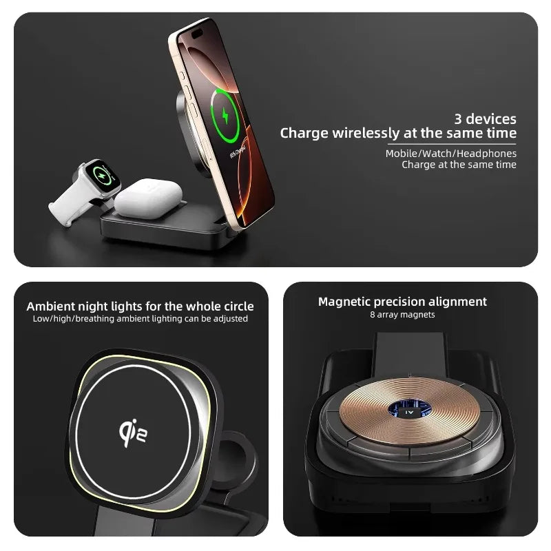 3 In 1 Magnetic Wireless Charger QI2 Folding Wireless Charging Station for Magsafe iPhone 16 15 14 13 iWatch 9 8 7 AirPods Pro