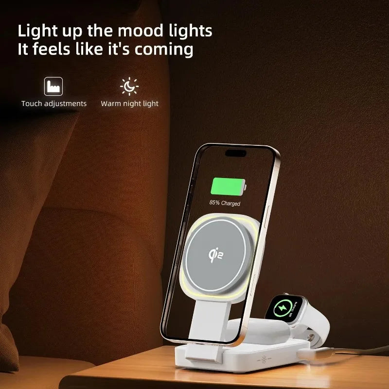 3 In 1 Magnetic Wireless Charger QI2 Folding Wireless Charging Station for Magsafe iPhone 16 15 14 13 iWatch 9 8 7 AirPods Pro