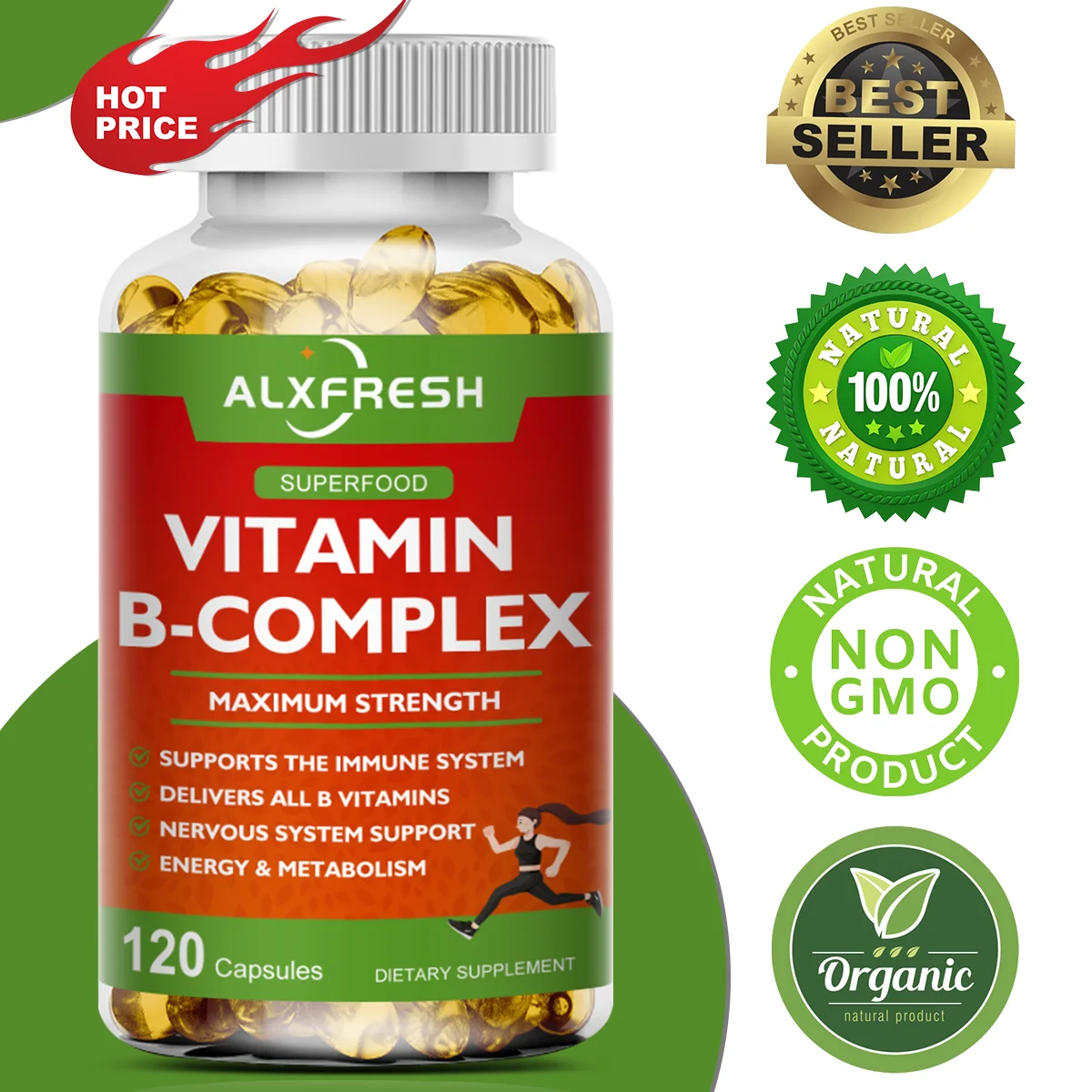 B-Complex Vitamin Supplements (B12 B1 B2 B3 B5 B6 B9 Folic Acid &Biotin) for Relieve Stress, Mood, Immune System Support Capsule