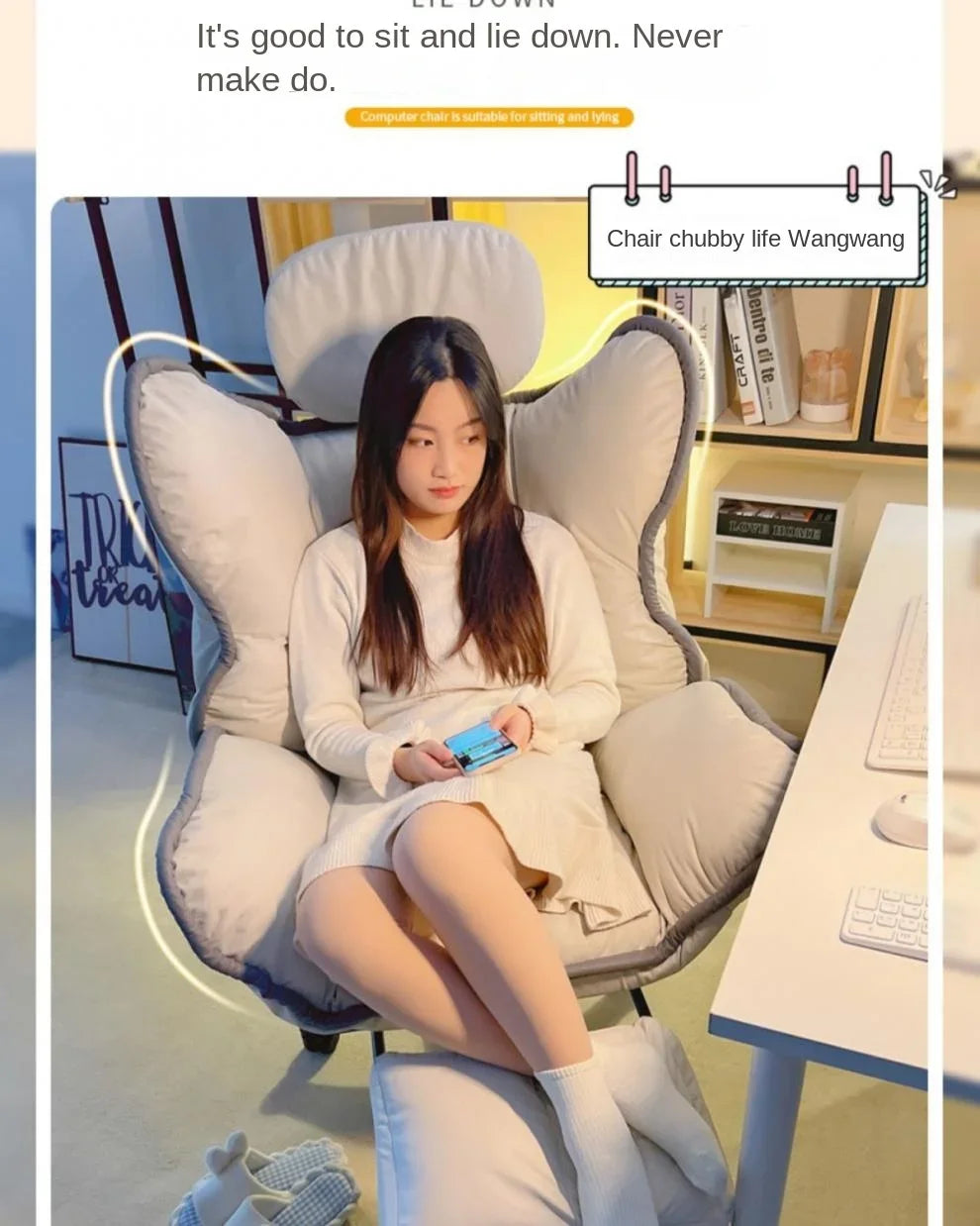 Bedroom Teen Girl Tech Fabric Computer Chair Thickened Reclining Swivel with Headrest and Footrest for Bedroom/Office/Hosting