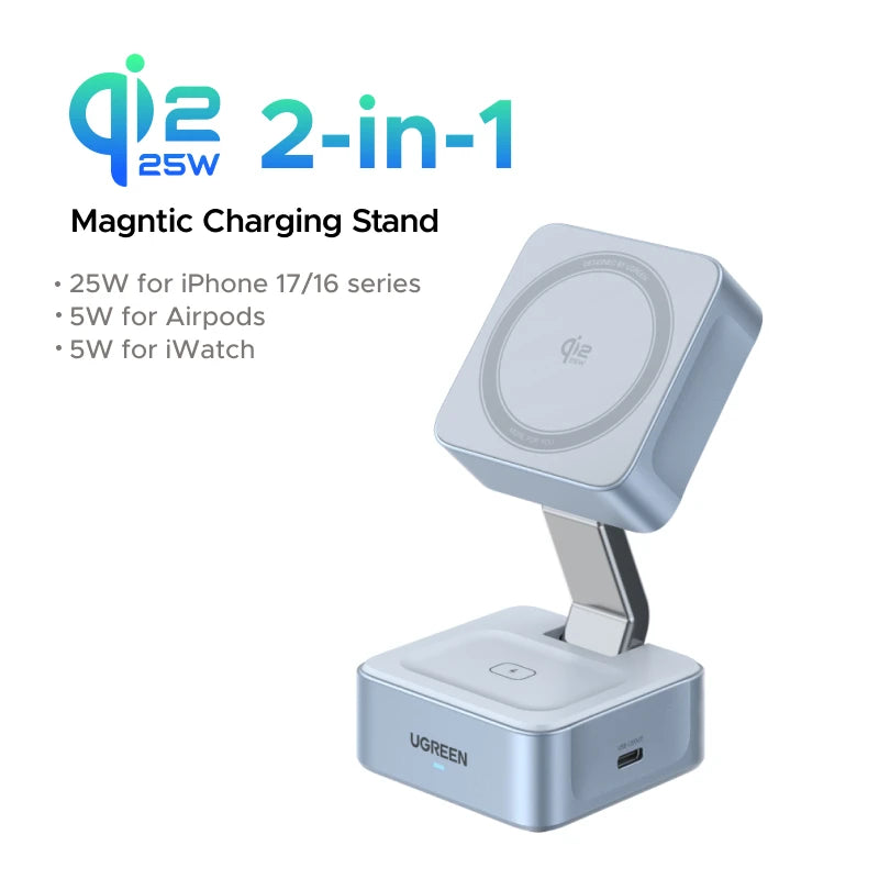 UGREEN Upgraded Qi2 25W Magnetic 2-in-1 Wireless Charger Stand Fast Charging Stand Magsafe Charger For iPhone 16 17/AirPods