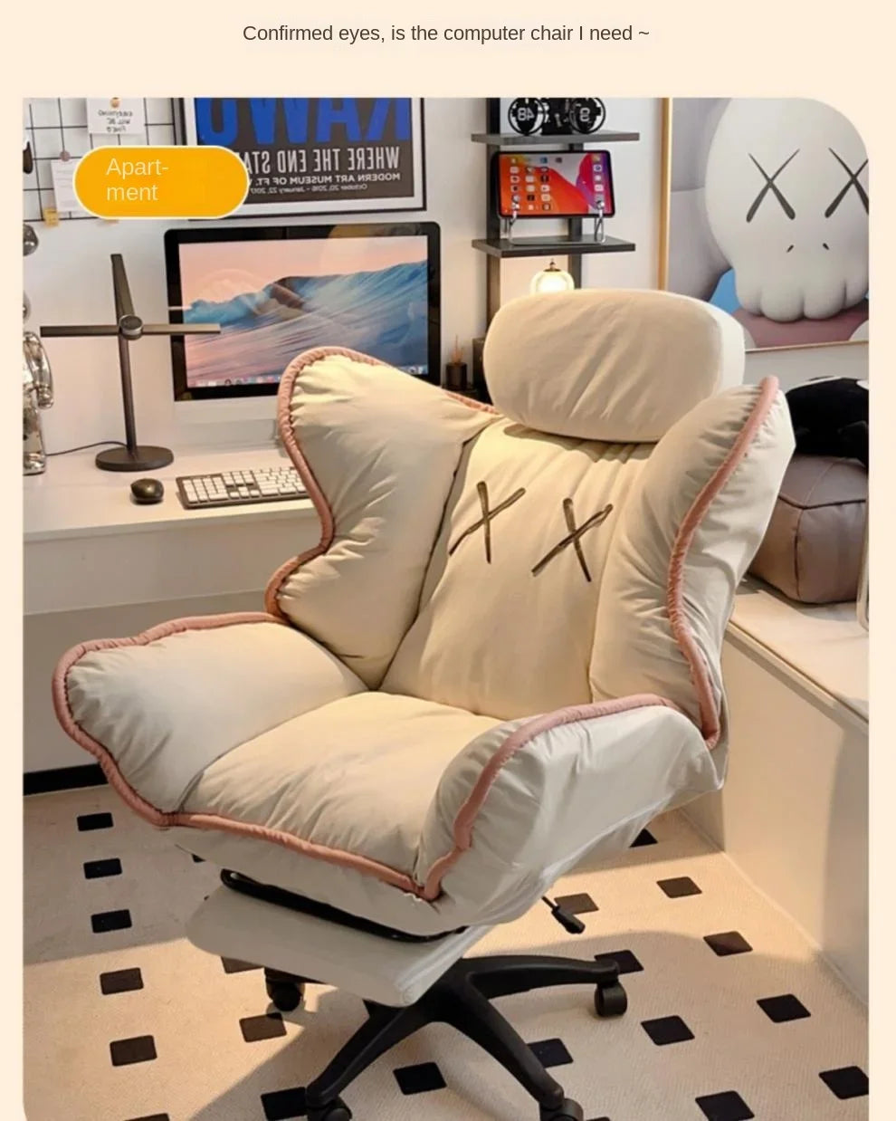 Bedroom Teen Girl Tech Fabric Computer Chair Thickened Reclining Swivel with Headrest and Footrest for Bedroom/Office/Hosting