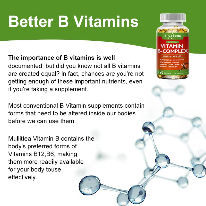 B-Complex Vitamin Supplements (B12 B1 B2 B3 B5 B6 B9 Folic Acid &Biotin) for Relieve Stress, Mood, Immune System Support Capsule