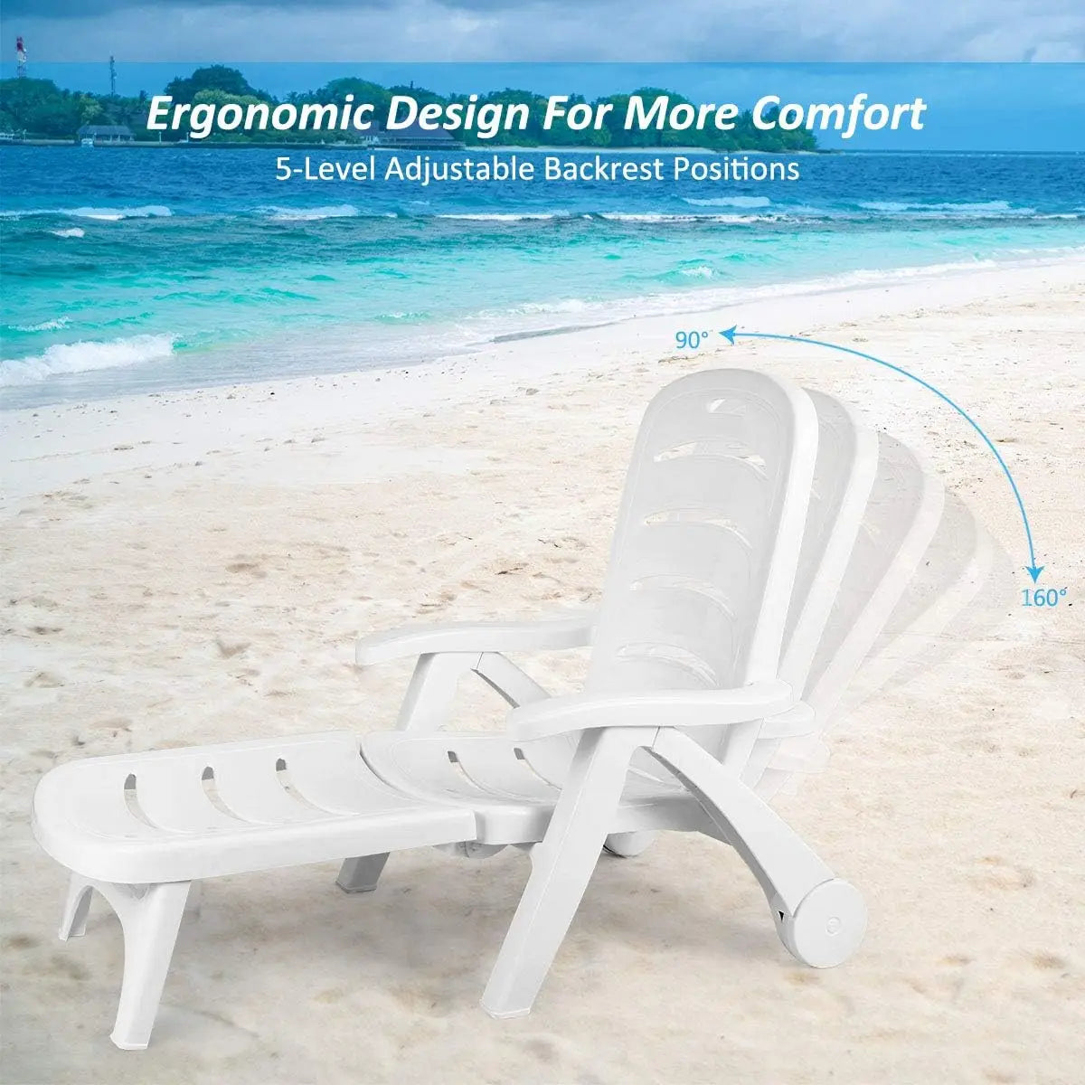 Folding Camping Lounge Chair, Portable Rolling Recliner, 5 Adjustable Positions, White