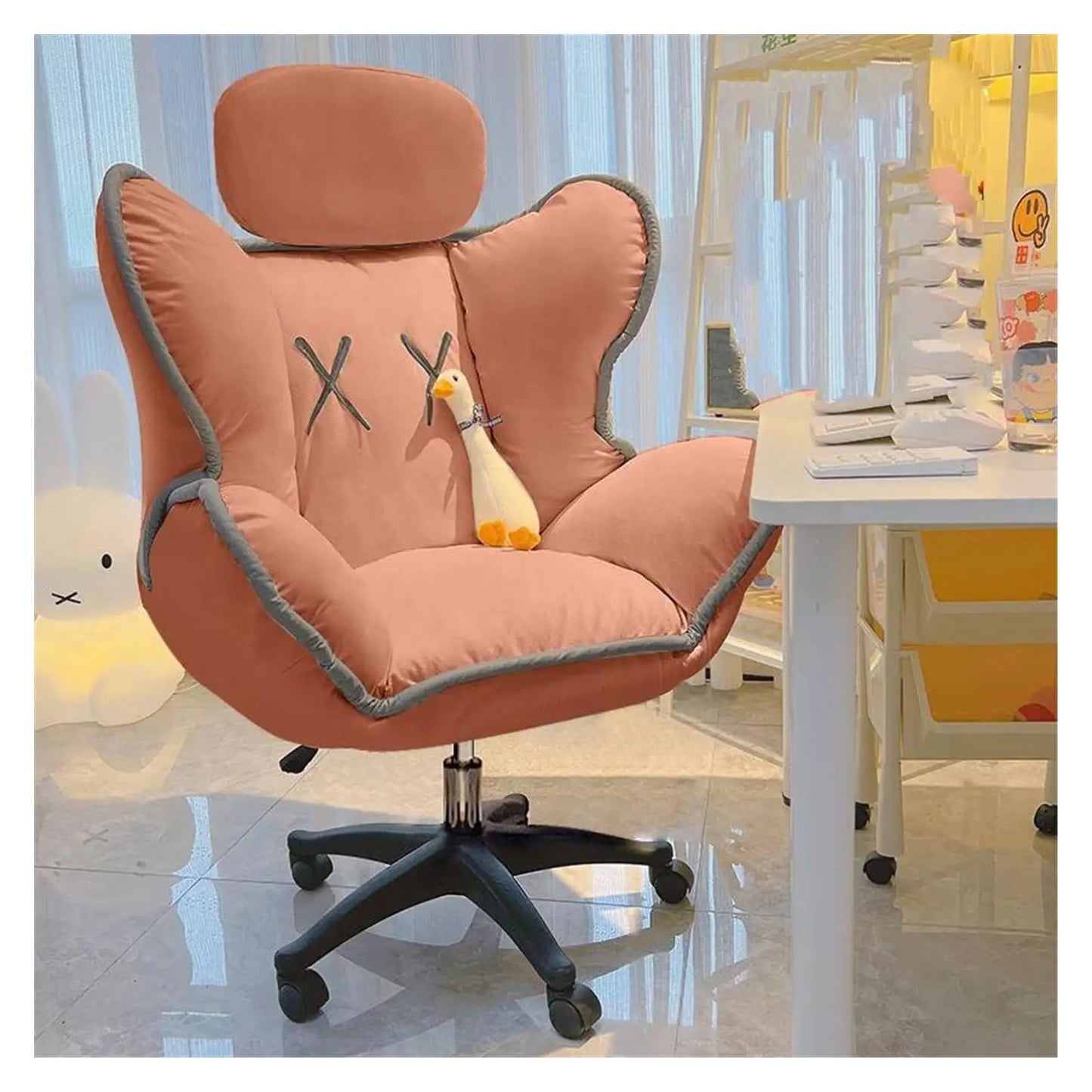 Bedroom Teen Girl Tech Fabric Computer Chair Thickened Reclining Swivel with Headrest and Footrest for Bedroom/Office/Hosting