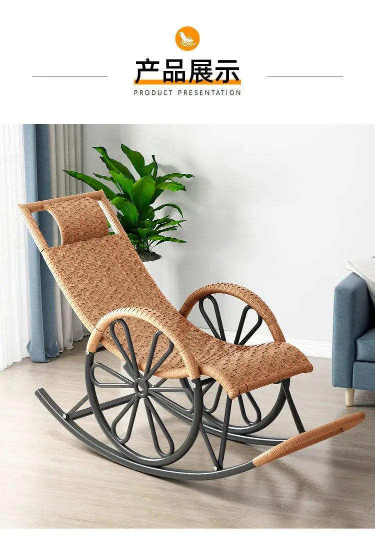Outdoor PE Rattan Rocking Chair with Cushion and Floor Mat Ergonomic Wicker Recliner Lounge Chair for Patio Balcony Living Room