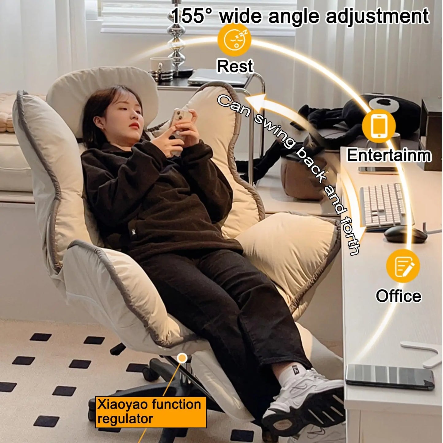 Bedroom Teen Girl Tech Fabric Computer Chair Thickened Reclining Swivel with Headrest and Footrest for Bedroom/Office/Hosting