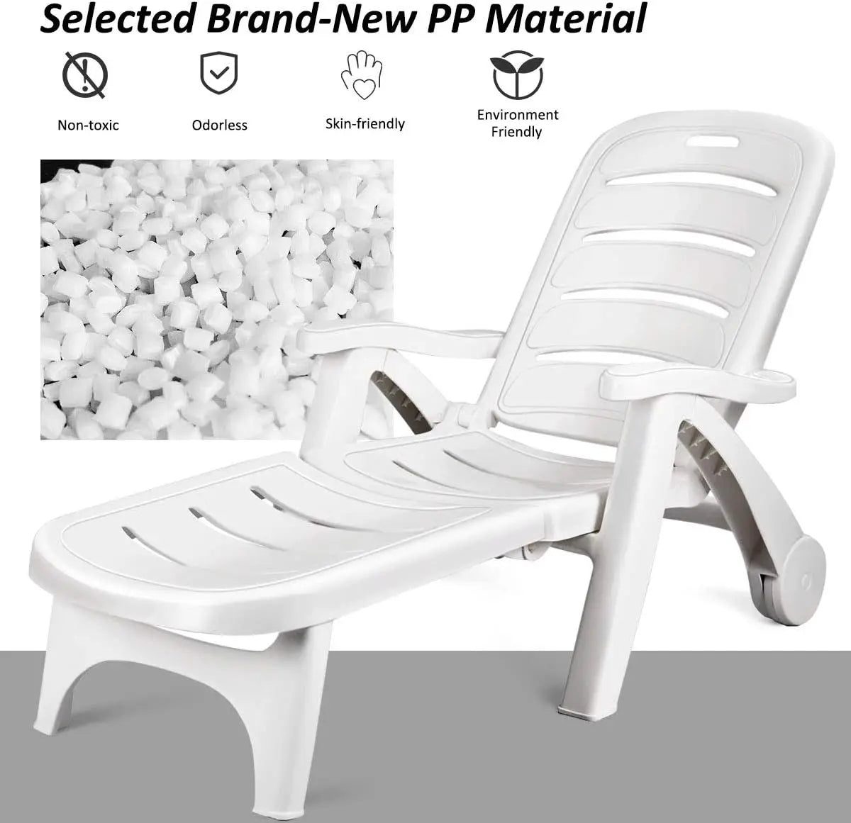 Folding Camping Lounge Chair, Portable Rolling Recliner, 5 Adjustable Positions, White