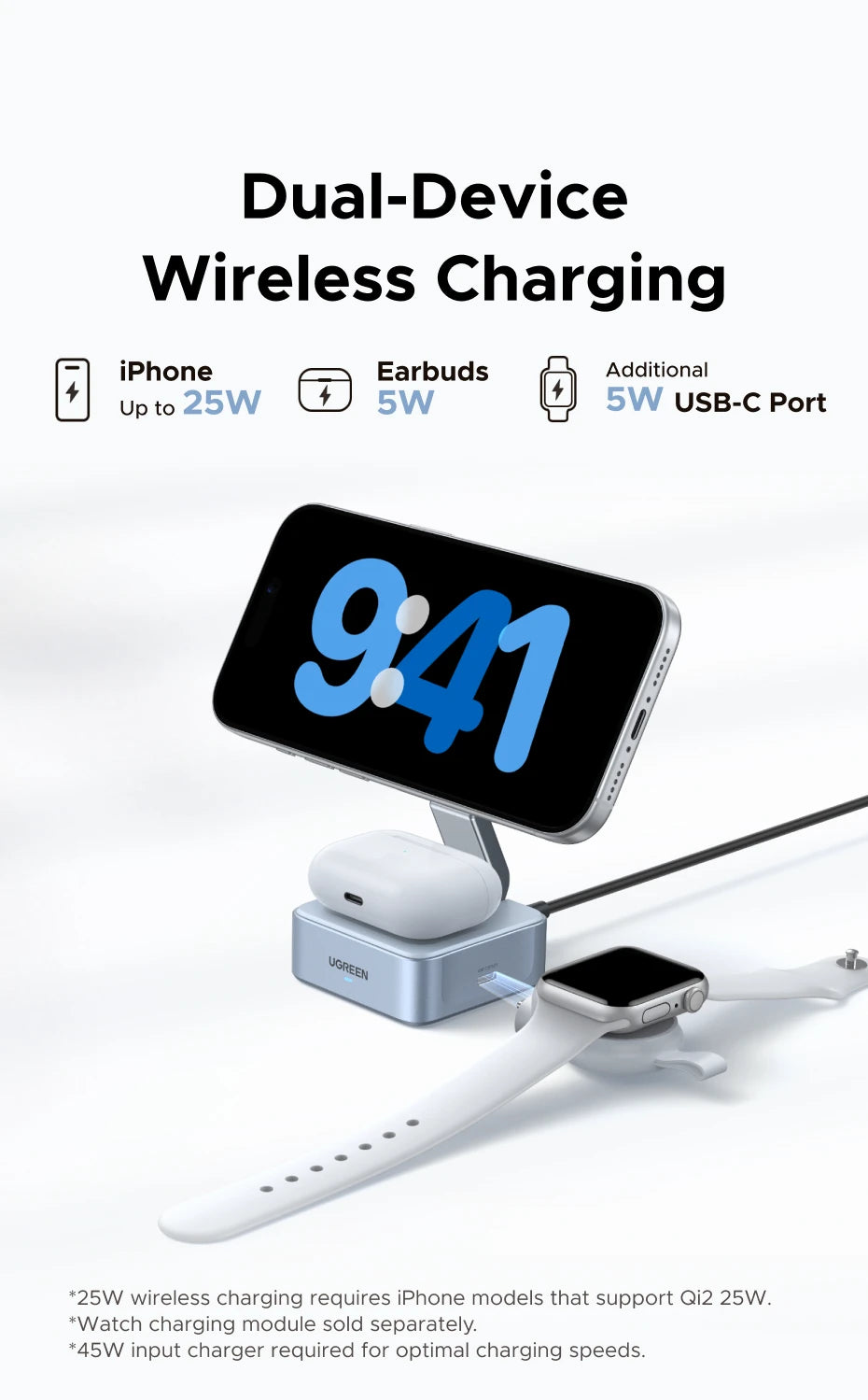 UGREEN Upgraded Qi2 25W Magnetic 2-in-1 Wireless Charger Stand Fast Charging Stand Magsafe Charger For iPhone 16 17/AirPods