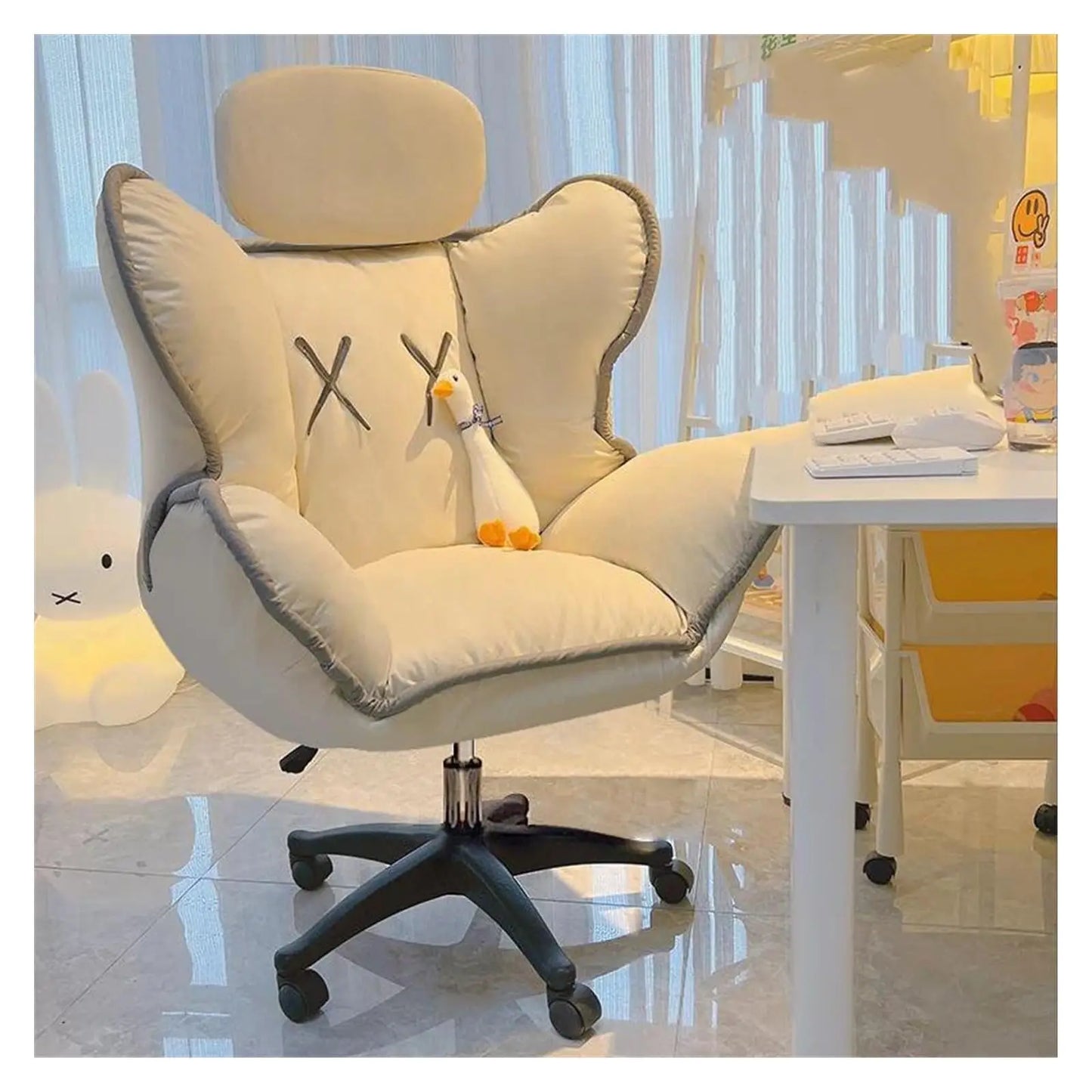Bedroom Teen Girl Tech Fabric Computer Chair Thickened Reclining Swivel with Headrest and Footrest for Bedroom/Office/Hosting