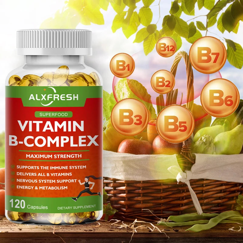 B-Complex Vitamin Supplements (B12 B1 B2 B3 B5 B6 B9 Folic Acid &Biotin) for Relieve Stress, Mood, Immune System Support Capsule
